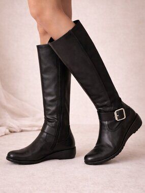 Mephisto Black Leather Knee High Riding Boots Wedge Heel Size 6.5